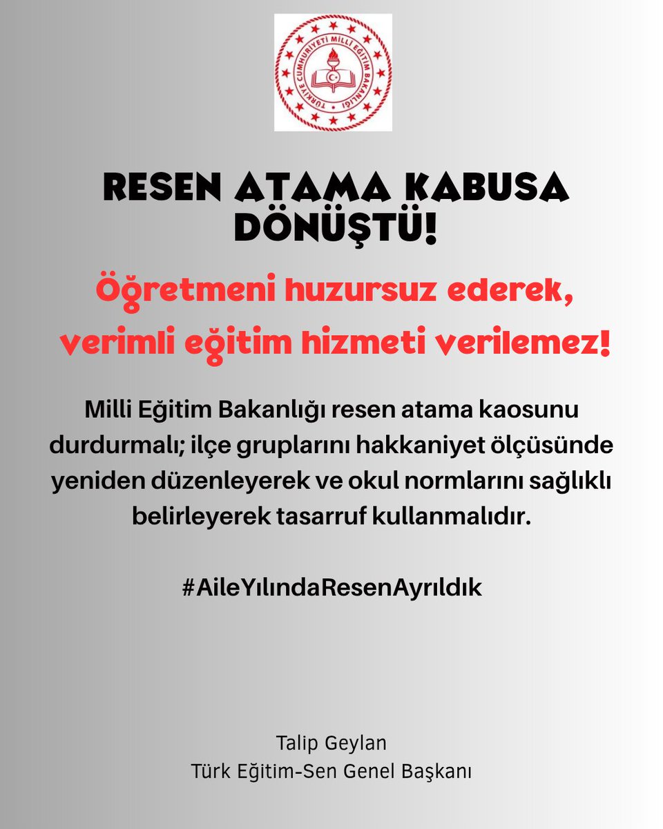 SaltukAkdemir's tweet photo. RESEN ATAMA KABUSA DÖNÜŞTÜ!

Öğretmeni huzursuz ederek, verimli eğitim hizmeti verilemez!

@tcmeb resen atama kaosunu durdurmalı; ilçe gruplarını hakkaniyet ölçüsünde yeniden düzenleyerek ve okul normlarını sağlıklı belirleyerek tasarruf kullanmalıdır.
 #AileYılındaResenAyrıldık https://t.co/68m3ruZGbk