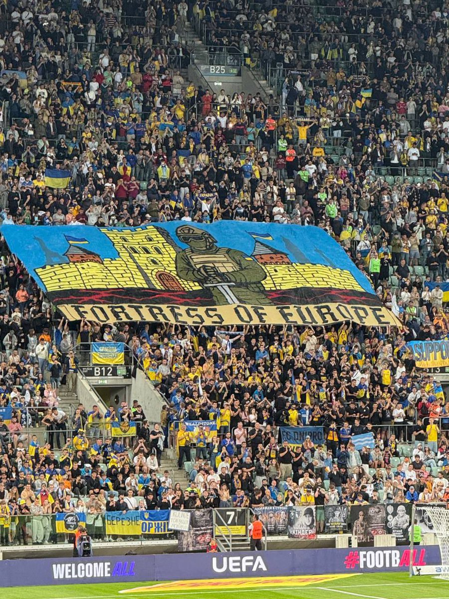 Banner reading "Fortress of Europe"  displayed during the Ukraine-France football match today.
