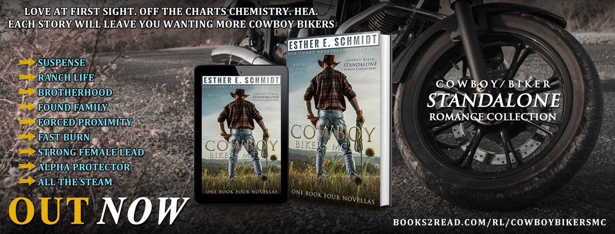 #OUTNOW Cowboy Bikers MC Collection from@EstherESchmidt One book, four standalone novellashttps://books2read.com/CowboyBikersMCpart3#BikerRomance #cowboyromance