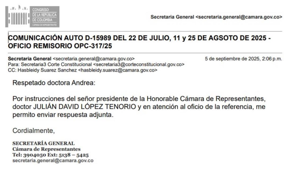 Como Presidente de la <a href="/CamaraColombia/">Cámara de Representantes de Colombia</a> informo al país que, en cumplimiento del auto de la <a href="/CConstitucional/">Corte Constitucional</a>, remitimos las actas de la Reforma Pensional.

Confío en que la Corte, con su sabiduría e independencia, declare exequible la Ley 2381 de 2024, un logro del pueblo que