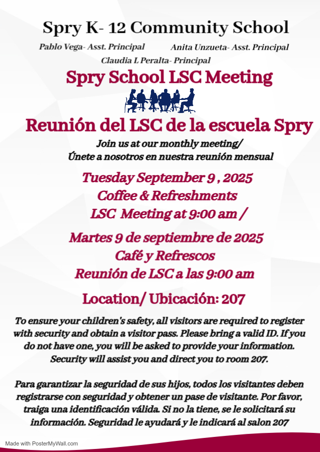 John Spry Community School (@cpsspry) on Twitter photo Join us for the LSC meeting! This is a great opportunity to share your thoughts, stay informed, & engage with our school community/
¡Únase a nosotros en la reunión del LSC! Es una oportunidad para compartir sus ideas, mantenerse informado y conectar con nuestra comunidad escolar Join us for the LSC meeting! This is a great opportunity to share your thoughts, stay informed, & engage with our school community/
¡Únase a nosotros en la reunión del LSC! Es una oportunidad para compartir sus ideas, mantenerse informado y conectar con nuestra comunidad escolar