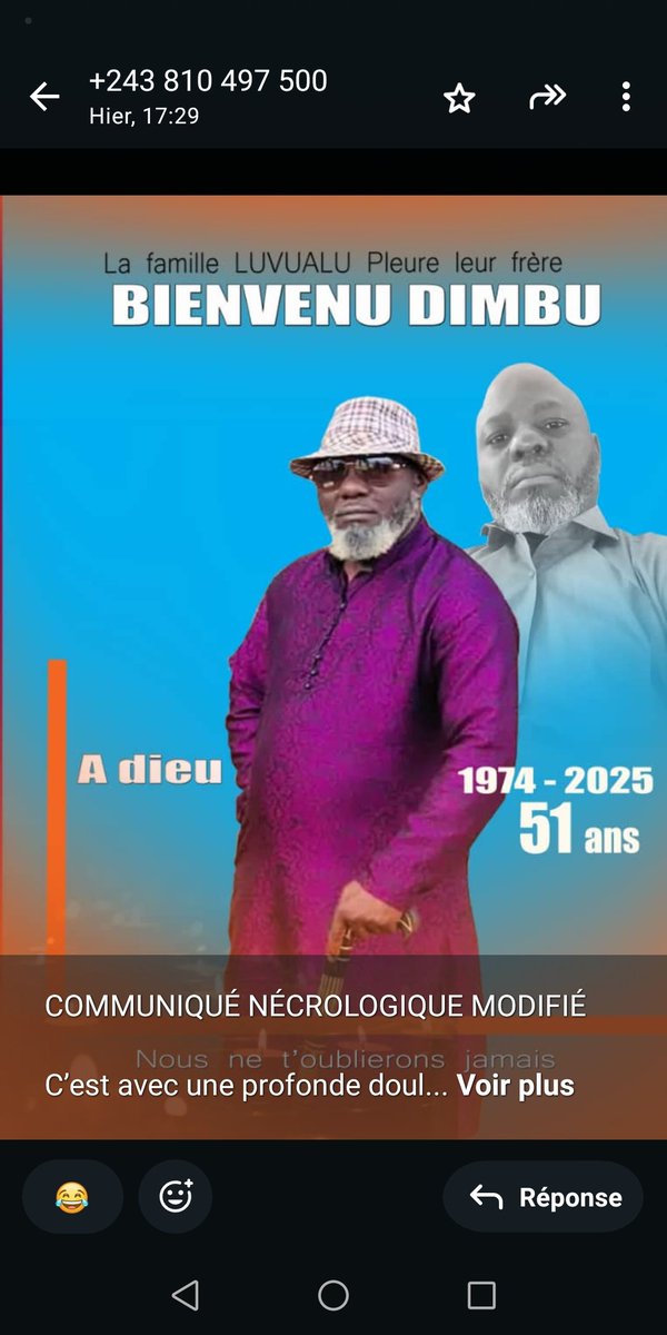 COMMUNIQUÉ NÉCROLOGIQUE MODIFIÉ

C’est avec une profonde douleur que nous vous annonçons le décès de Monsieur Bienvenue DIMBU, survenu ce lundi 1er septembre 2025, des suites d’une courte maladie, frère cousin de l’Honorable zeth et Ekeko Eza nga