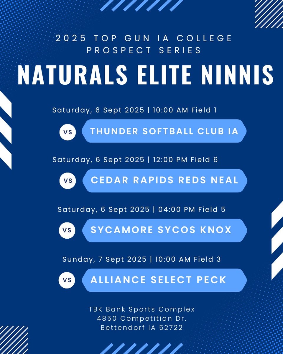 We get back at it this weekend in Bettendorf IA at the Top Gun IA College Prospect Series.  Schedule is posted below!  All games are TBK Bank Sports Complex.