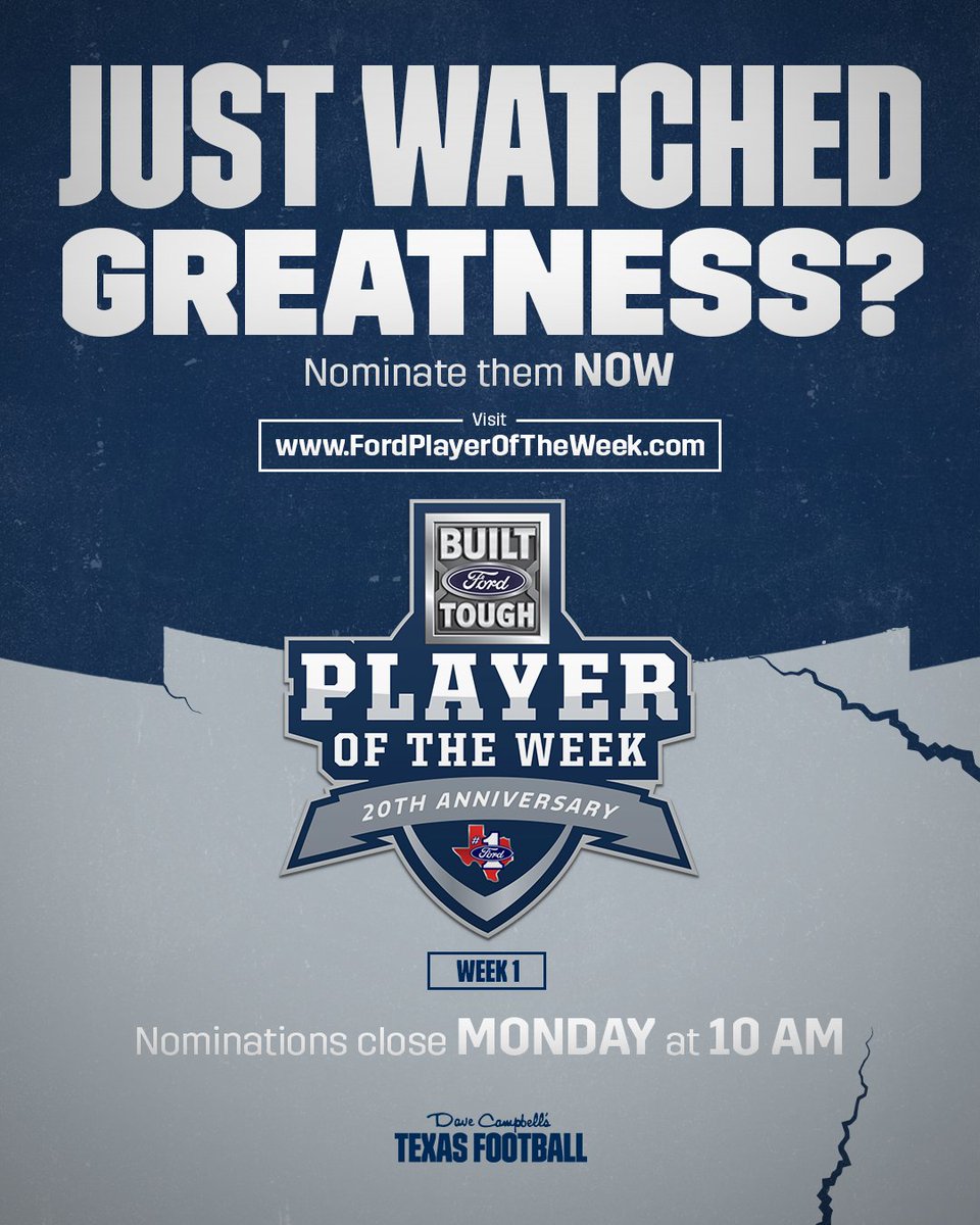 Did you watch greatness tonight?

Nominate a player from your community for the Built Ford Tough Player of the Week Award NOW at FordPlayerOfTheWeek.com.

Nominations close Monday at 10AM.

#TXHSFB #DCTX | <a href="/HouTXFord/">Houston Area Ford</a> <a href="/ntxford/">North Texas Ford</a> <a href="/TXFordDealers/">South Texas Ford Dealers</a> <a href="/greatertxford/">Greater Texas Ford</a>