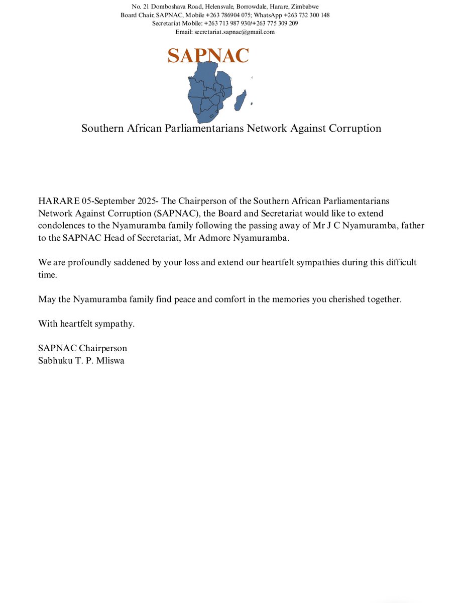 Condolence message from Chairperson Mliswa to the SAPNAC Head of Secretariat Mr Addmore Nyamuramba following the passing away of his father. <a href="/TembaMliswa/">Sabhuku Temba P. Mliswa</a> <a href="/GOPAC/">GOPAC</a> <a href="/KenyaApnac/">APNAC KENYA</a> <a href="/ZACConline/">Zimbabwe Anti-Corruption Commission</a> <a href="/PoliceZimbabwe/">Zimbabwe Republic Police</a> <a href="/NotCorruptMedia/">Not Corrupt Media</a> <a href="/OCCRP/">Organized Crime and Corruption Reporting Project</a>