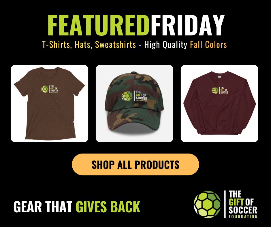 🍁 Featured Friday! Fall-color tees, camo hats &amp; cozy crews. Every purchase helps deliver repurposed soccer gear to kids—62,000+ pieces in 22 countries so far.
Shop #GearThatGivesBack ➜ thegiftofsoccer.org/shop/