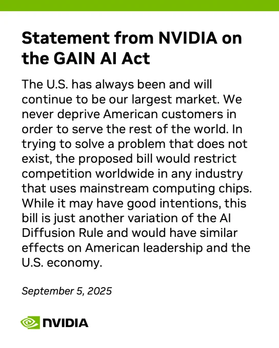 🔵MARKETEVANS: "NVIDIA esprime preoccupazione per il 'Gain AI Act' che potrebbe limitare la concorrenza globale"