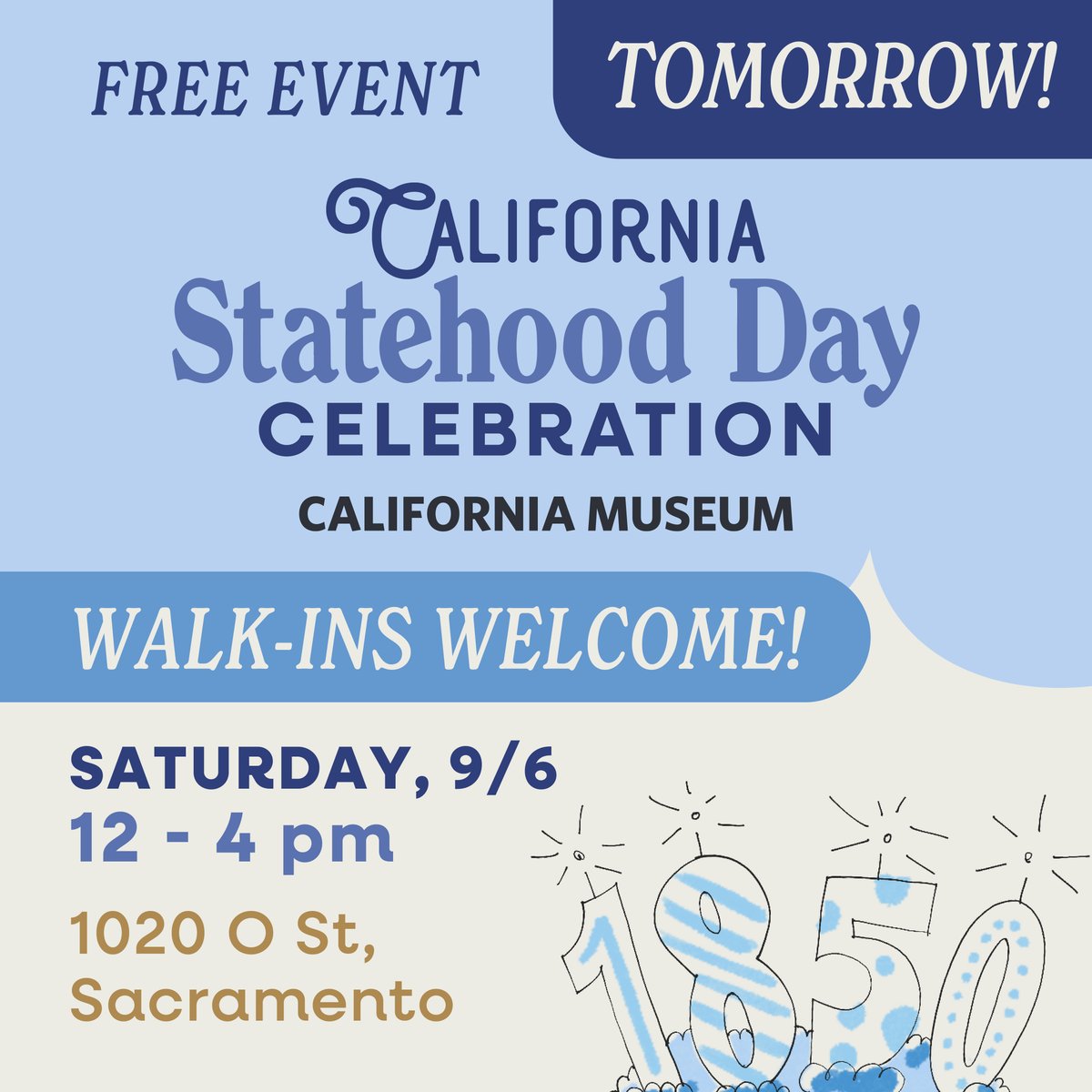 We can’t wait to celebrate with you tomorrow, Sept. 6 from 12–4 pm at our FREE California Statehood Day Celebration! 🎉

✨ Advance tickets are sold out, but you can still join the celebration! Walk-ins are welcome as space allows.