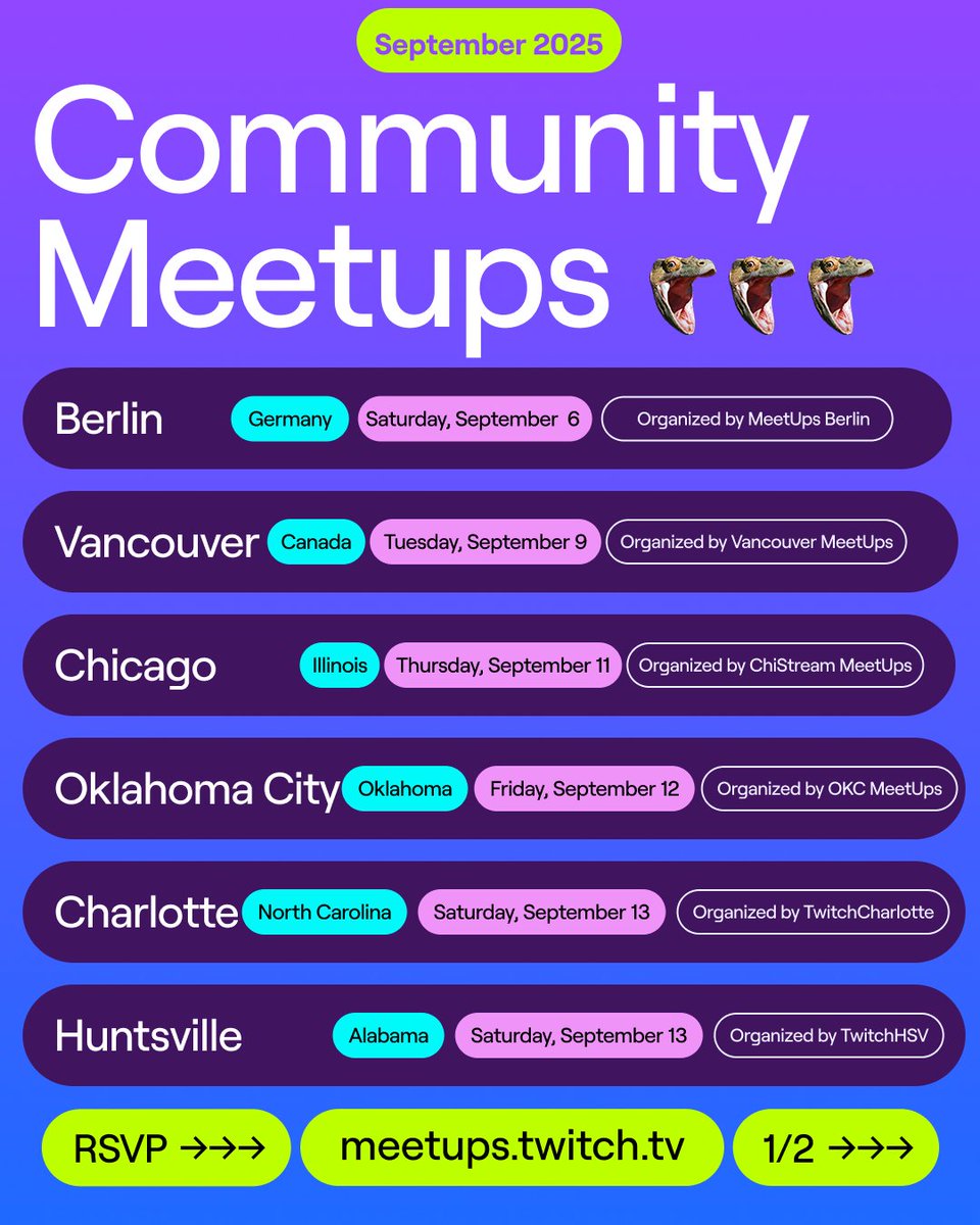 Twitch's tweet image. September is here and with it a new set of MeetUps, powered by Twitch.

Jump into Q&amp;amp;As, meet friends new and old, chat with Ambassadors and Unity Guild members, and more.

Be a part of these events hosted by the community, for the community.