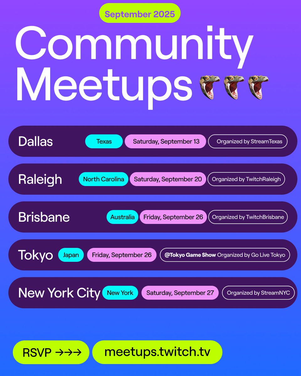 Twitch's tweet image. September is here and with it a new set of MeetUps, powered by Twitch.

Jump into Q&amp;amp;As, meet friends new and old, chat with Ambassadors and Unity Guild members, and more.

Be a part of these events hosted by the community, for the community.