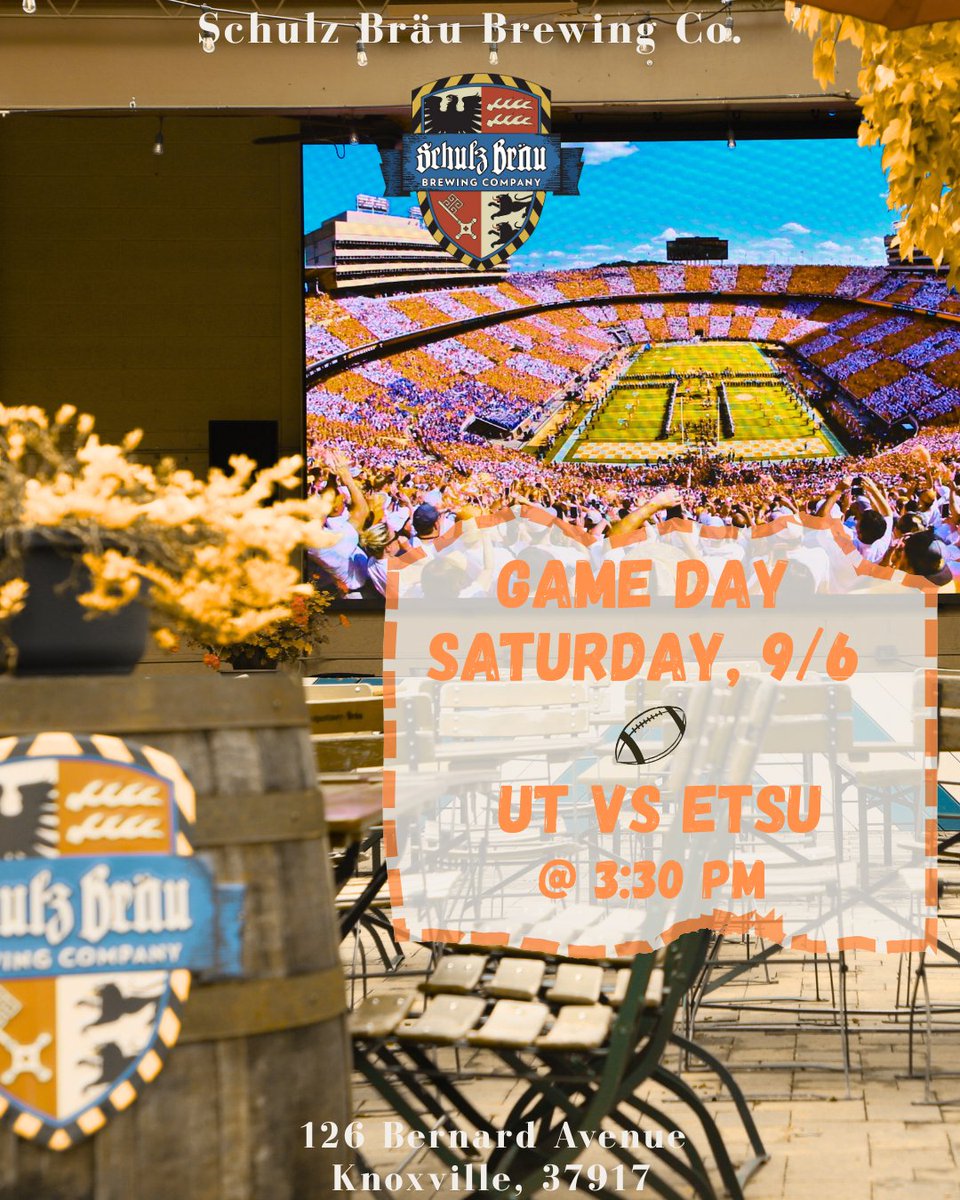 🏈 Wishing you an exciting football weekend!
This Saturday, it’s UT vs. East Tennessee State, kickoff at 3:30 PM!

🍻 Join us in the Biergarten for a fun Game Day celebration! Prost! 🍺

#SchulzBrau #Biergarten #GameDay #GermanBeer