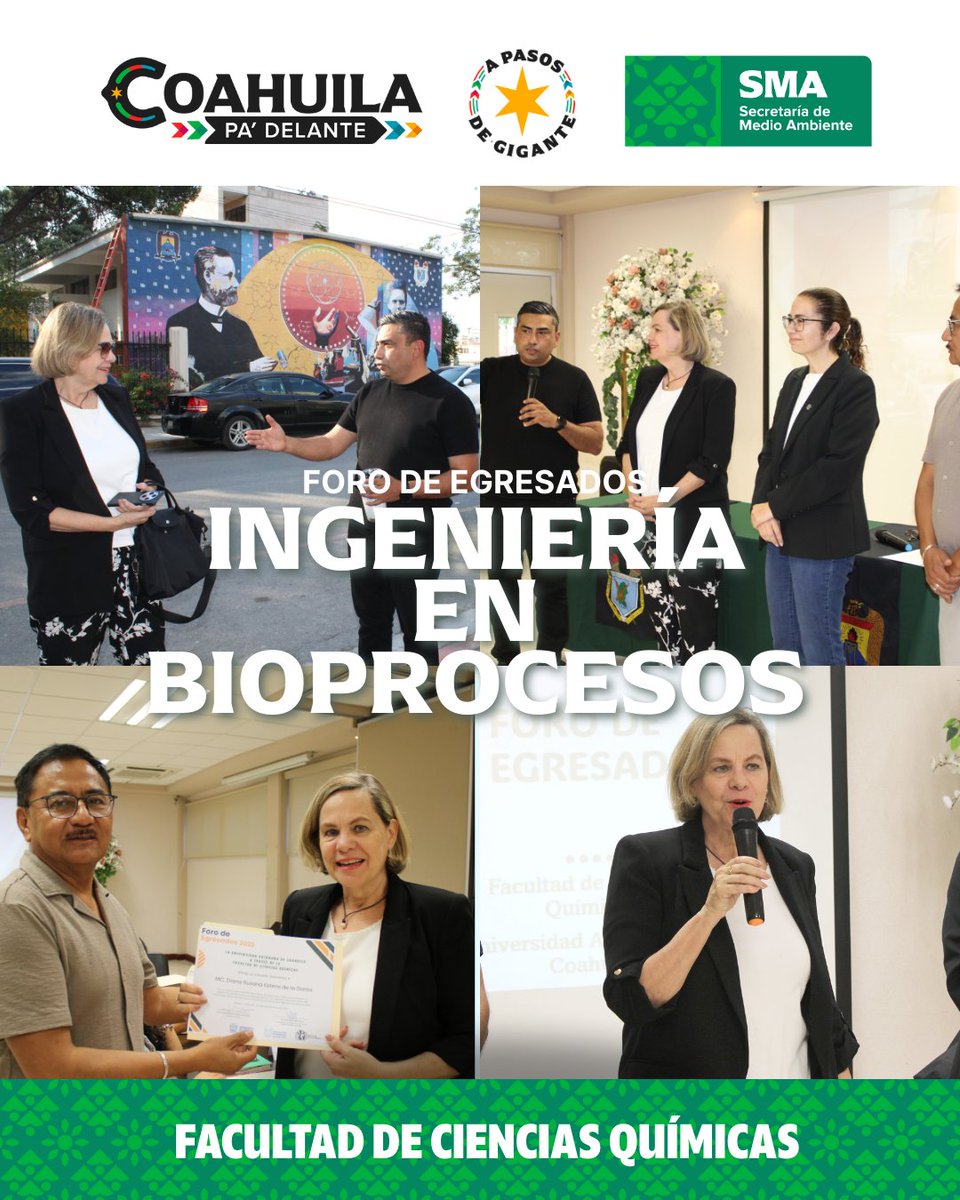 La QFB Diana Susana Estens, Secretaria del #MedioAmbiente, asistió a la Facultad de Ciencias Químicas de la #UAdeC para el Foro de Egresados 🎓.

Con orgullo aportó ideas para el plan de estudios de la nueva carrera de Ingeniería en Bioprocesos. 🌱⚗️

#CoahuilaPaDelante