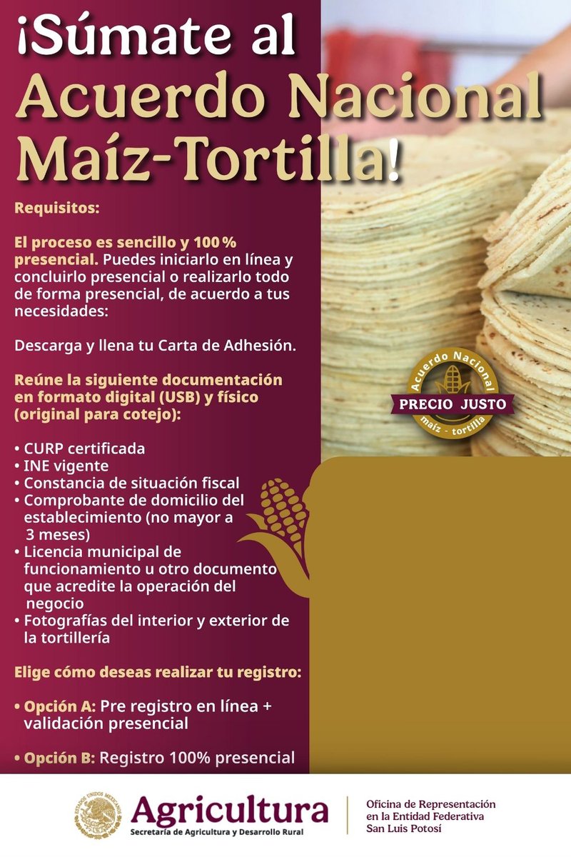 agriculturaSLP's tweet photo. En SLP, cada vez más industriales de la masa y la tortilla se suman al Acuerdo Nacional Maíz Blanco–Tortilla, con el objetivo de ofrecer un precio justo al consumidor y, al mismo tiempo, acceder a los beneficios otorgados por el Gobierno de México. 
https://t.co/xm65CBDDEZ https://t.co/iF4KYiyV9X