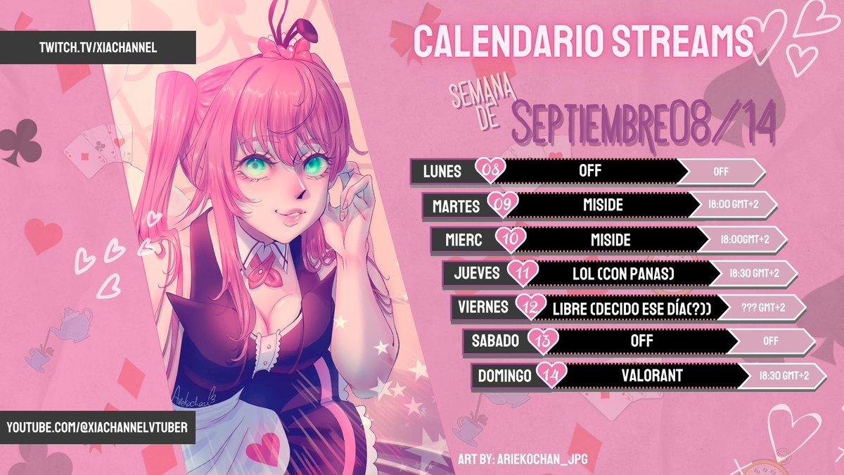 ☙๑━━|♔|  Horario  |♔|━━๑❧   

🌹El horario de esta semana para los directos. 🐇

¡Espero veros por allí! (Horario Peninsular Español)    

twitch.tv/XIAChannel || youtube.com/@XIAChannelVTU…