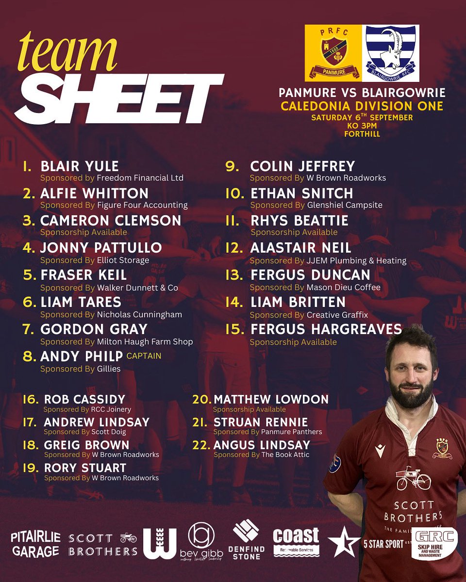 Panmure team to play Blairgowrie at Forthill tomorrow in our first home game of the season 🏡.

Bar open from 1pm, KO 3pm. All welcome at Forthill.

#PlayUpPanmure