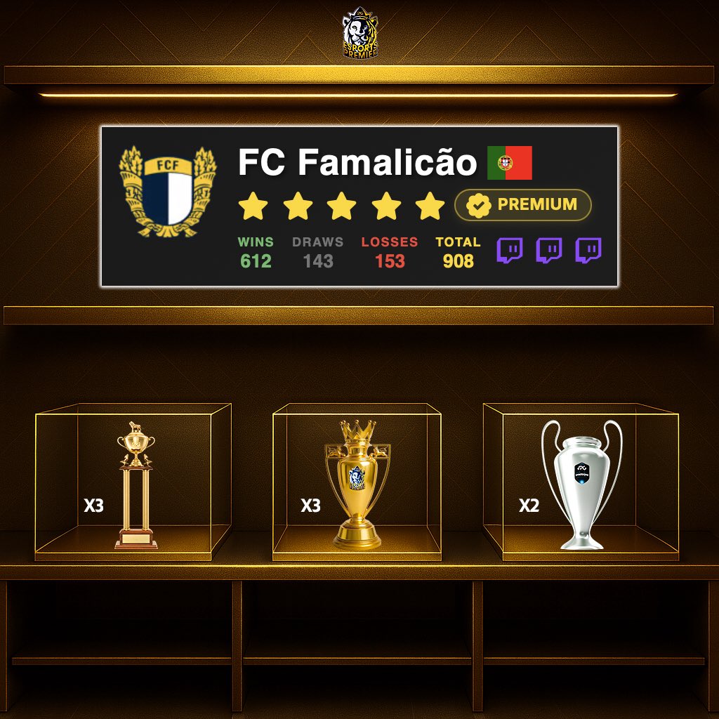 🦁 Welcome to the <a href="/VPGPremier/">VPG Esports Premier</a> 🏆 
ℹ️ The highest level of 11v11 esports. 

🇵🇹 <a href="/famaesports/">FC Famalicão Esports</a> 
⚽️ Games played: 908
✅ Won: 612 
🔘 Draw: 143
❌ Loss: 153
🌎 World Ranked: #1 

One of the most dominant squads in 11v11 history is AUTO-QUALIFIED for the Esports Premier 🦁 

🏆 3x