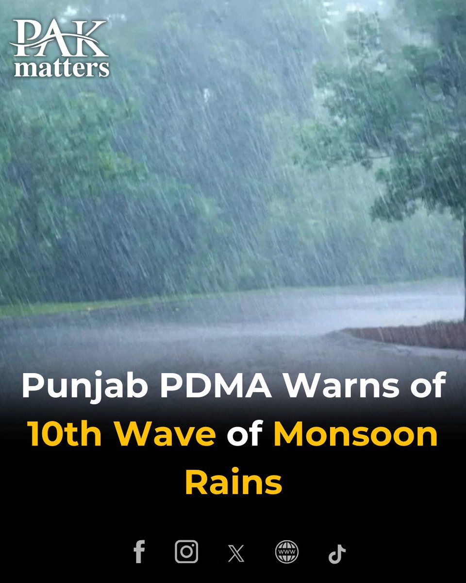 PakMattersLive's tweet photo. Alert from PDMA Punjab: The 10th spell of monsoon rains is approaching! Heavy showers and thunderstorms are expected from Saturday to Tuesday across Punjab, including Lahore, Rawalpindi, Murree, Multan, and more. https://t.co/byHnneyqGZ