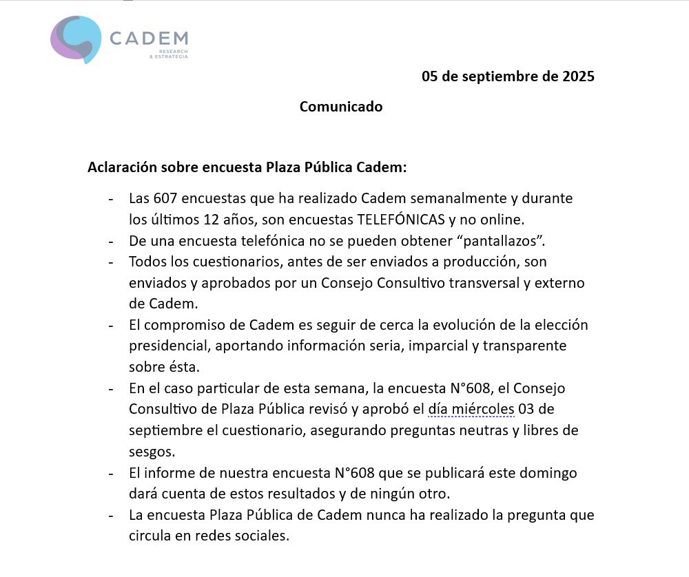 Aclaración sobre encuesta Plaza Pública Cadem: