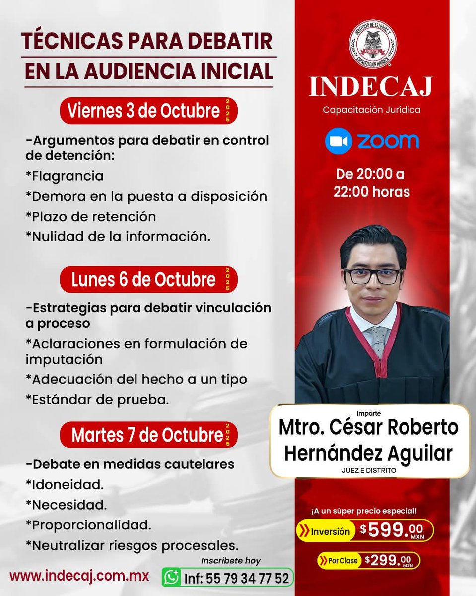 Derechosinrollo's tweet photo. Estoy muy contento de invitarles al taller que impartiré con mis amigos de @indecaj donde explicaré las mejores técnicas para debatir en las 3 fases de la audiencia inicial:
-Control de detención
-Vinculación a proceso
-Medidas cautelares

Informes en el teléfono de la imagen: https://t.co/1U4zhkzbIj
