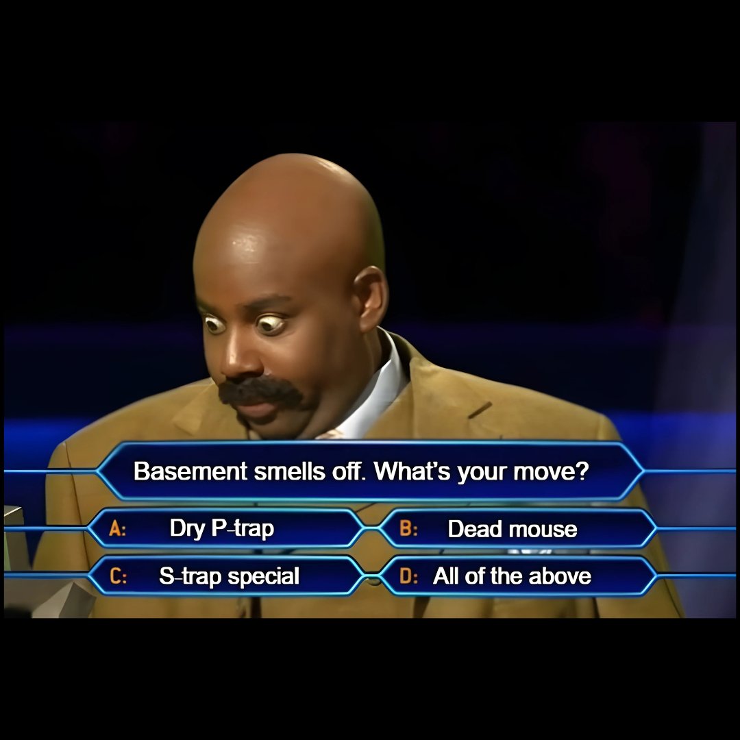 InspectUPutah's tweet image. Basement smells funny… and you already know the answer is D: all of the above. 💀 #InspectorHumor #BasementLife #HomeInspection