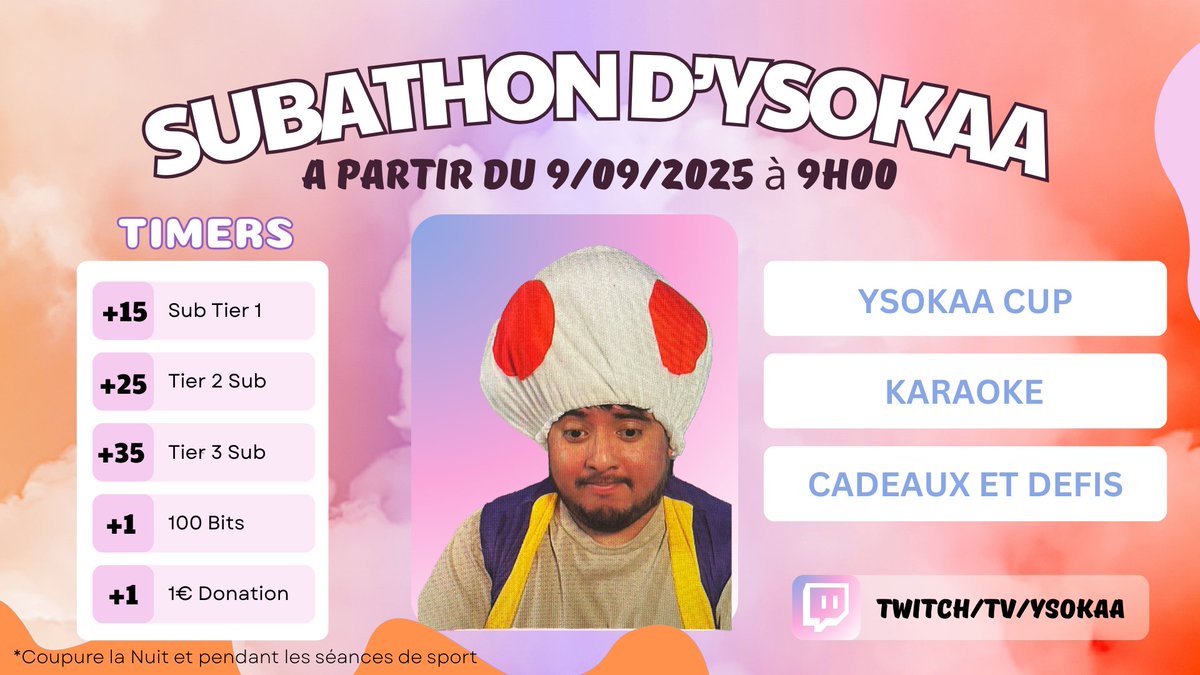 Je l'avais annoncé sur Discord mais Mardi prochain on part pour une semaine de Subathon ! 

Les subgoals seront dévoilés lundi ! 

Pas mal de surprise , j'espère vous vous nombreux ! 

Chaque Raids de streamers rajoute 20 minutes 👀

Sur ce bon #ZEVENT2025 tout le monde 💙