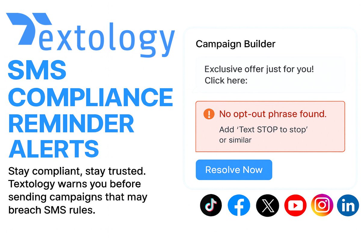textologyhub's tweet image. Compliance built-in. 🚨 Textology alerts you before you send risky SMS campaigns.
 Stay trusted. Stay compliant. ✅
#SMSCompliance #Textology #BusinessMessaging #StayCompliant