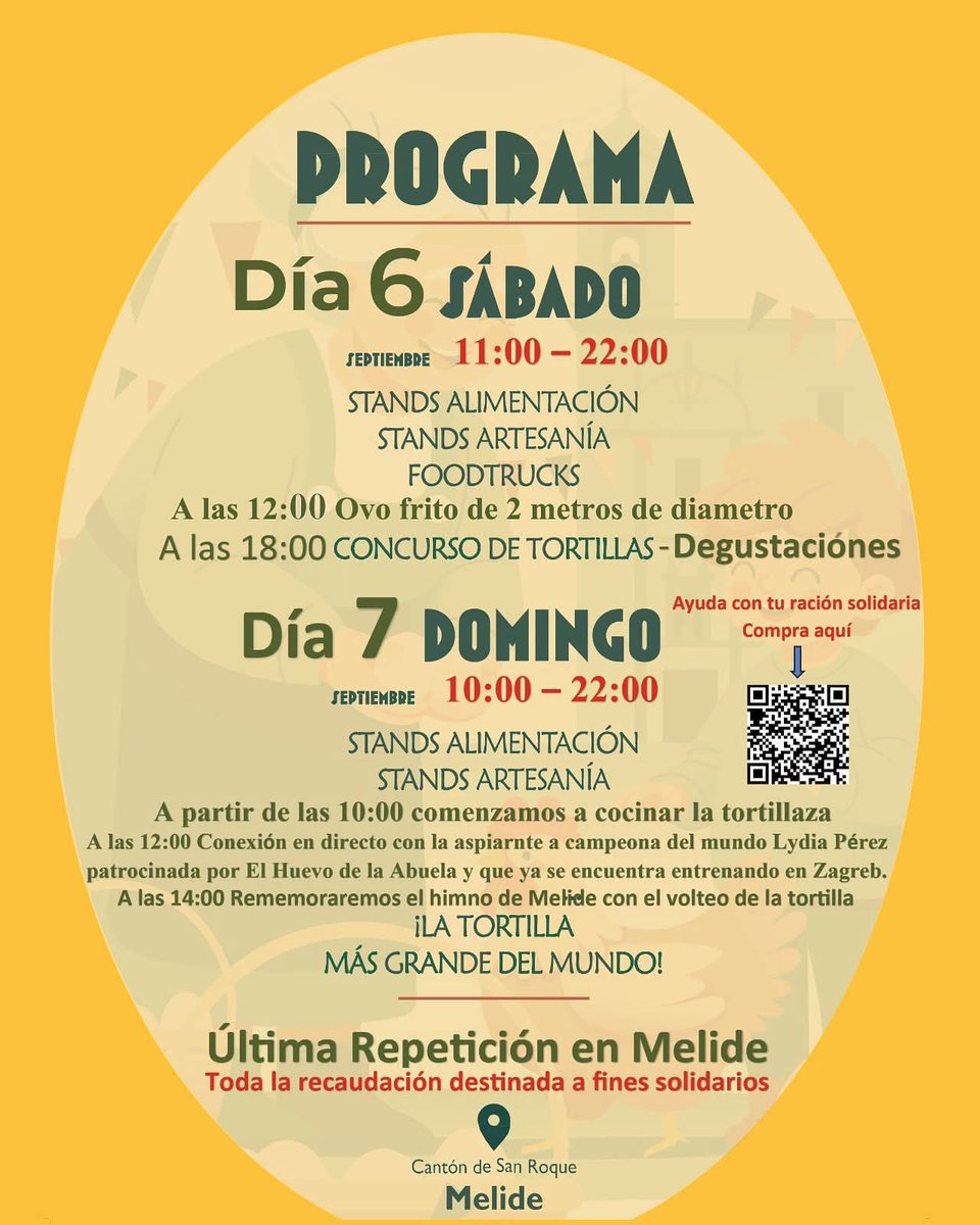 🥚Esta fin de semana temos a 𝗙𝗲𝗶𝗿𝗮 𝗱𝗼 𝗢𝘃𝗼 𝗖𝗮𝗺𝗽𝗲𝗶𝗿𝗼 🍳

😋 O sábado elaboración dun 𝗼𝘃𝗼 𝗳𝗿𝗶𝘁𝗶𝗱𝗼 𝗱𝗲 𝟮 𝗺𝗲𝘁𝗿𝗼𝘀 𝗱𝗲 𝗱𝗶𝗮́𝗺𝗲𝘁𝗿𝗼 e o domingo da 𝘁𝗼𝗿𝘁𝗶𝗹𝗹𝗮 𝗺𝗮́𝗶𝘀 𝗴𝗿𝗮𝗻𝗱𝗲 𝗱𝗼 𝗺𝘂𝗻𝗱𝗼‼️

📍Cantón de San Roque.