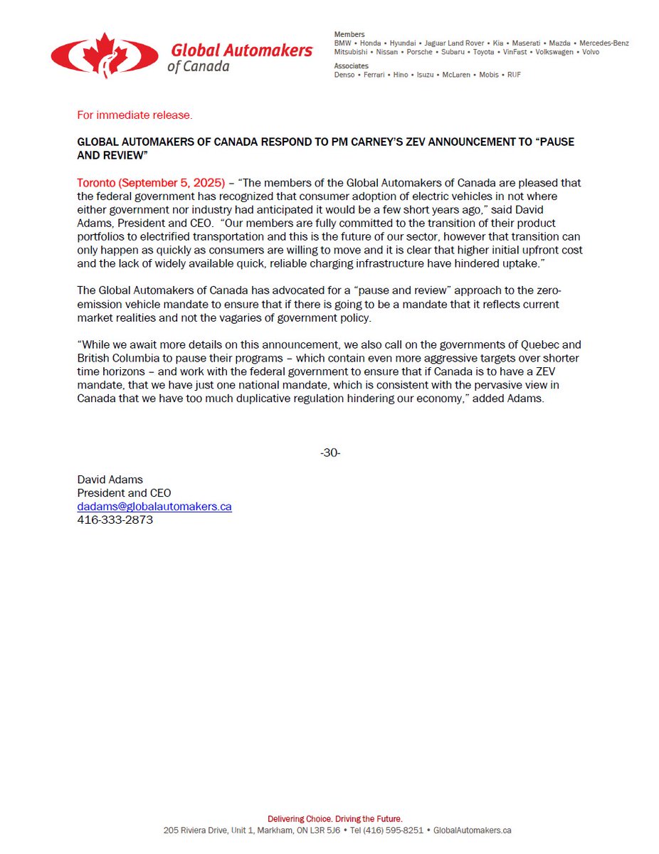 Global Automakers of Canada respond to PM Carney's #ZEV announcement to pause and review.

EN - globalautomakers.ca/wp-content/upl…
FR - globalautomakers.ca/wp-content/upl…
