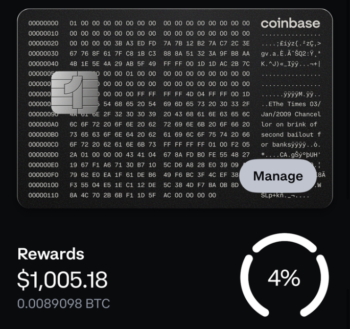 0xAneri's tweet image. you mean my @coinbase card has already given me $1,000 in bitcoin for everyday spending?

4% back adds up fast, even faster because it's investing in an asset with long-term upside