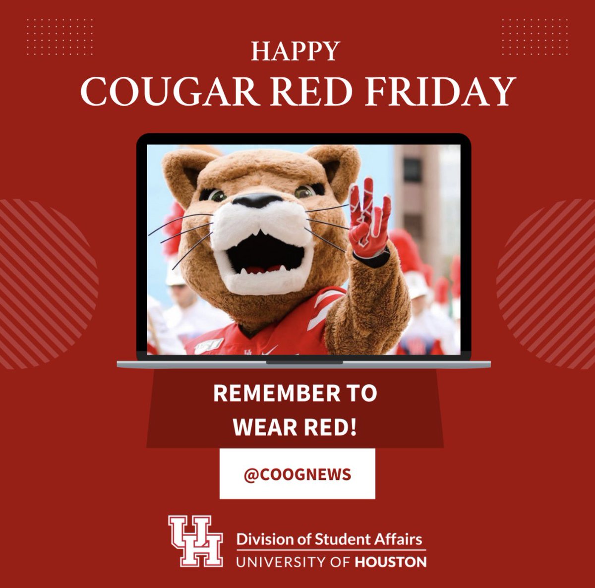UH_DSA's tweet photo. Cougar Red Fridays is proof that Fridays are better in red. #uhdsa #coognews #cougarredfriday https://t.co/fYz9NiPiOO