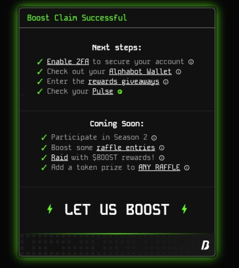 maouzer's tweet photo. 🚀 Claim is NOW live!

Claim your Alphabot $BOOST wallet today 🪙

Link 👉🏻 https://t.co/moLtgsvXrb

#BOOST #Airdrop #Crypto @boostdotgg https://t.co/zwqmXr8I3B