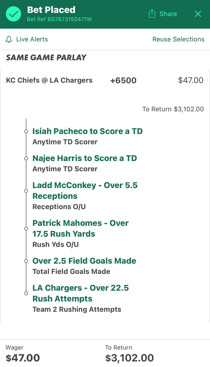 KC Chiefs vs LA Chargers best bets:

Chargers Team total over 22.5 rush attempts -125 1u

TEASER:
Chargers +7.5 / Chiefs o16.5 Team total -105 1u

I also made a long shot parlay for fun ⬇️
#NFL #SaoPaulo #FreePicks #Sportsbetting #NFLPicks