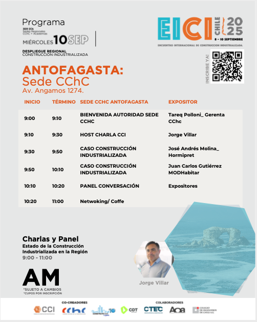 🚀 Chile vive el Encuentro Internacional de Construcción Industrializada (EICI 2025) 🇨🇱🏗️

Del 8 al 10 de septiembre.
En Antofagasta, el 10 de septiembre “Caso Construcción Industrializada” con el modelo #MODHabitar #construccionindustrializada