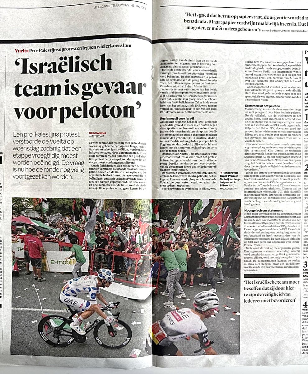 Wat een kwalijke kop in het @Parool. Niet het Israëlische team is een gevaar in de #Vuelta, maar de anti-Israël activisten die de koers verstoren en de renners belagen. De kop wekt bovendien ten onrechte de indruk een citaat te zijn. Dit is geen journalistiek meer, maar activisme