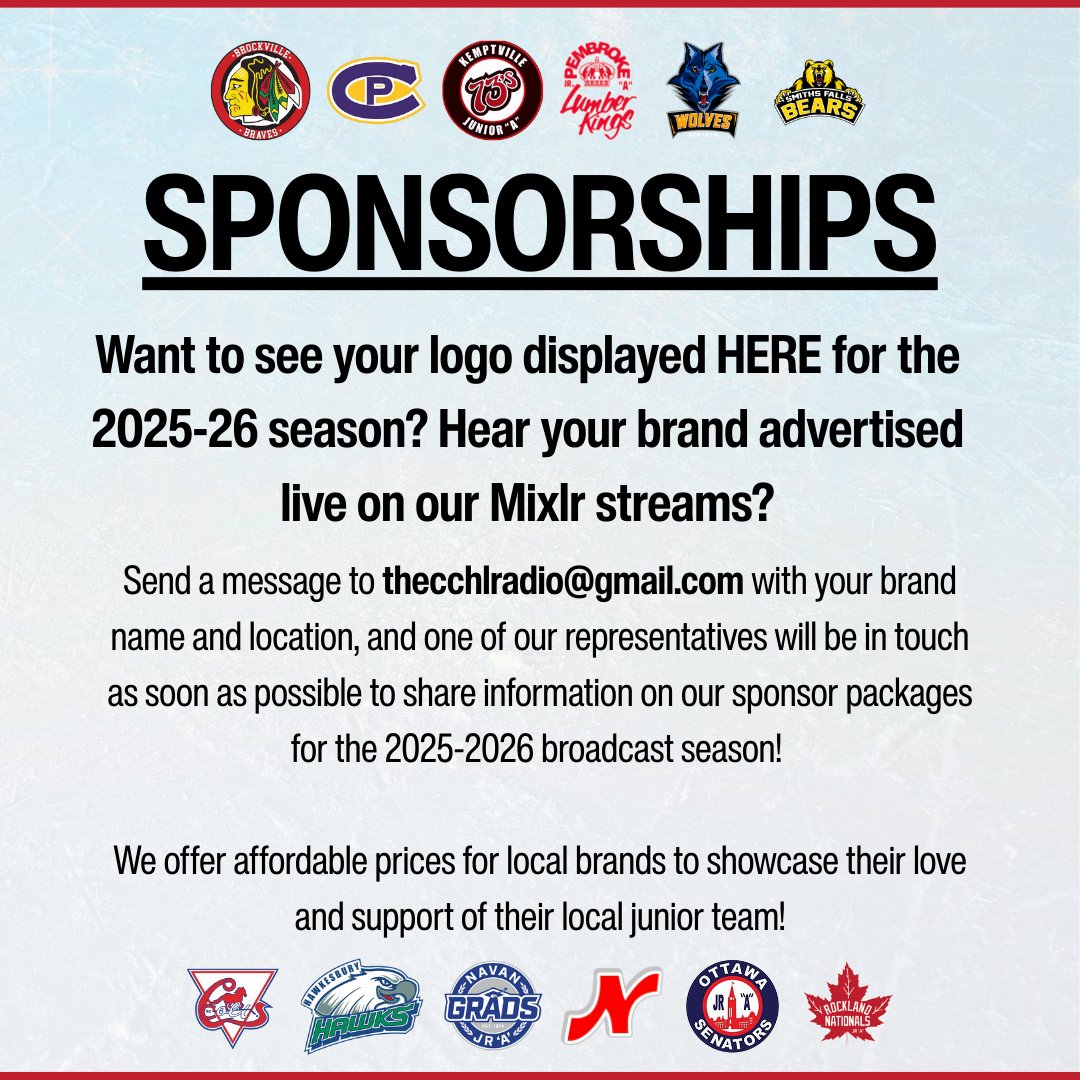 Showcase your brand right here on the CCHL's official radio network.

#ANewEra