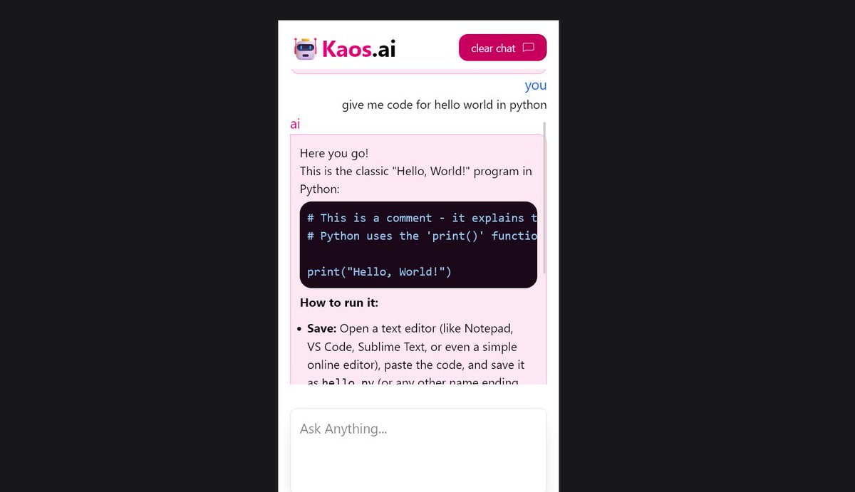FrontendDoc's tweet image. mini project – Kaos ai ✨
🔹 Built with Next.js
🔹 Powered by Gemini API for AI chat responses
🔹 Used Zustand for state management of messages

Check it out here 👉 kaos-ai.vercel.app

#Nextjs #AI #GeminiAPI #Zustand #WebDevelopment #MiniProject