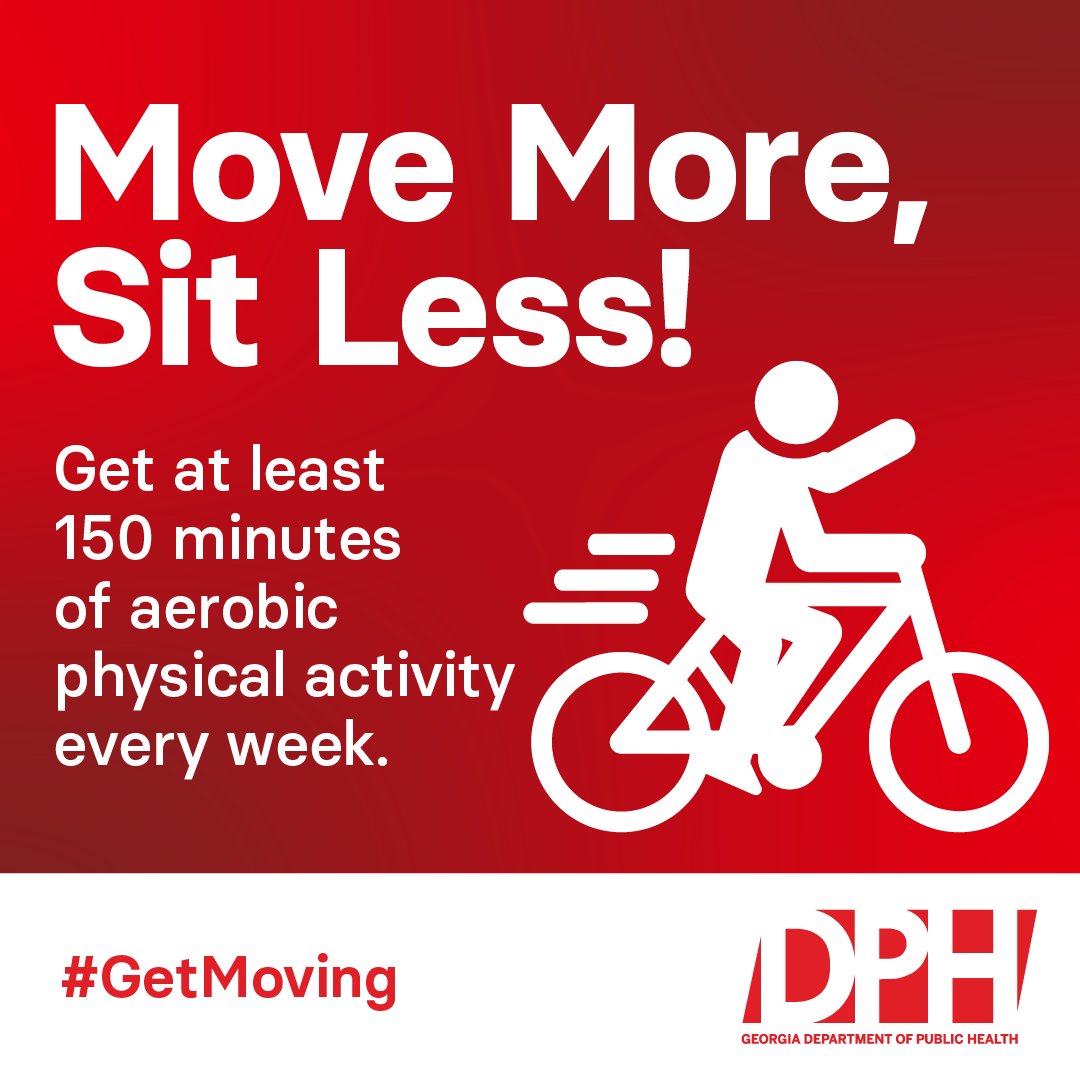 GaDPH's tweet image. Small steps lead to big health benefits!
Aim for at least 150 minutes of aerobic activity each week to boost your energy, mood, and overall health. 🚴‍♂️
#GetMoving