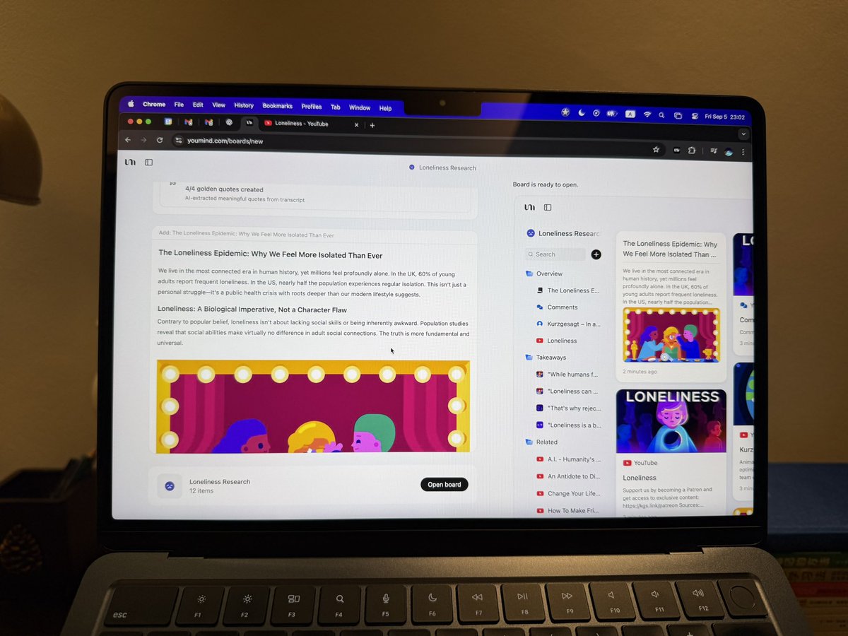 深夜更新 YouMind 视频解读功能：

给 YouMind 一个 YouTube 视频地址，就能得到视频解读、金句、相关视频等资料。

喜欢看视频的你，欢迎试用。
特别欢迎提出你的想法建议。
