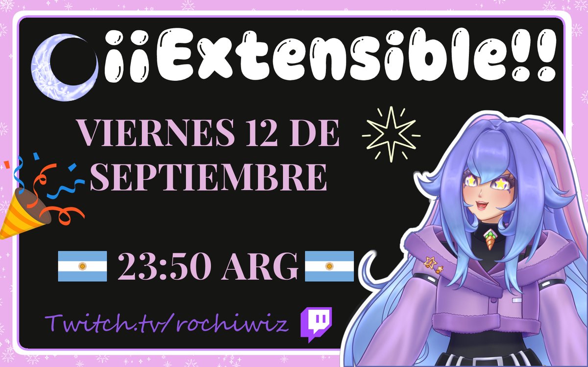 rochiwiz's tweet photo. ⭐🥕DIRECTO EXTENSIBLE🌙🐰

Viernes 12 de Septiembre  estaremos haciendo un extensible (sin limite o hasta que consiga chamba)

Las metas serán por Bits ❤ y cofres de Streamloots💙
Serán reveladas este fin de semana 🐰

Los invito con mucho cariño💜Se agradece si lo comparten🔁 https://t.co/d60945uTcD
