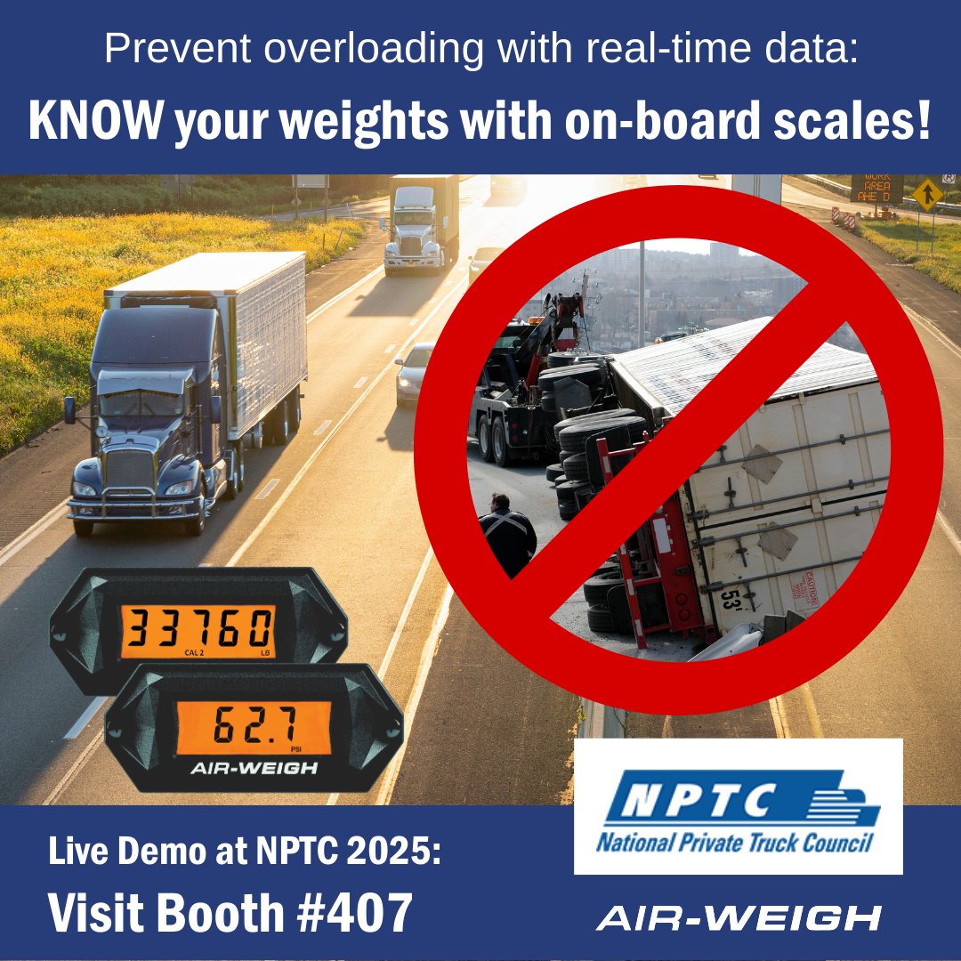 Prevent overloading for your fleet! Last chance at #NPTC2025 for a hands-on demonstration of our QuickWeigh® on-board scales. Stop by booth 407 to learn expert insights from the team on how on-board scales can let you say goodbye to over/underloaded trailers, long lines at