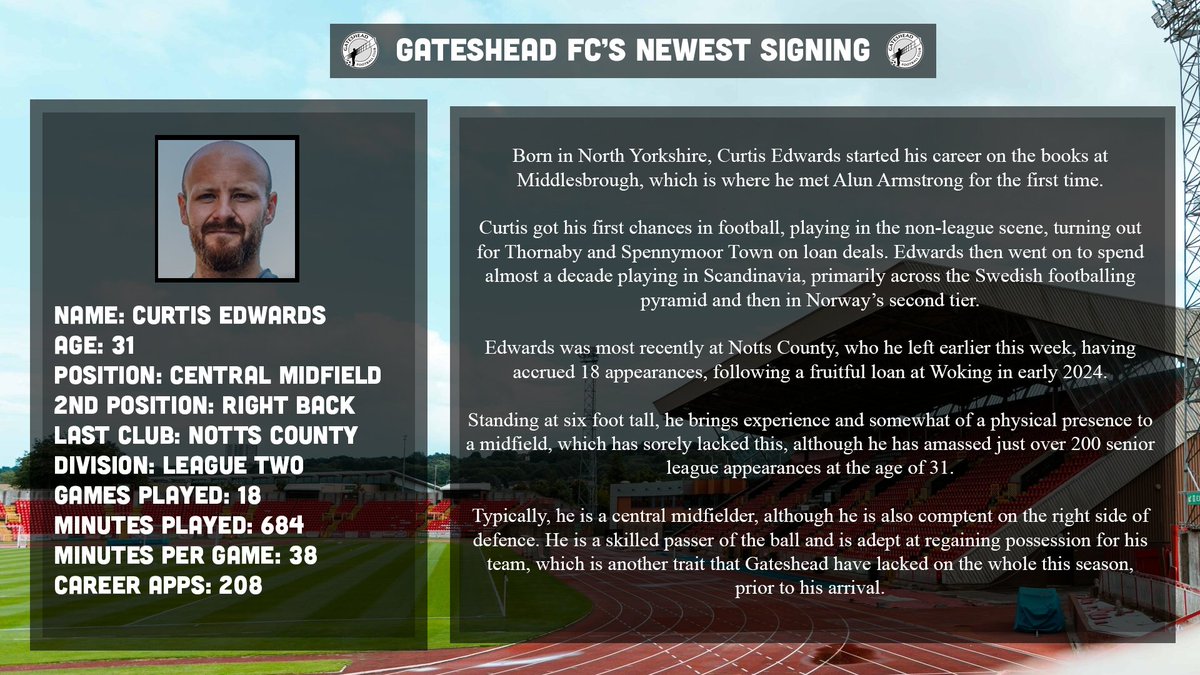 Welcome to #WorClub Curtis Edwards!

His stint at Notts didn't quite go to plan, but he was quite popular for a reason down at Woking and I believe that Edwards adds a lot of things that the Tynesiders have been lacking so far this season!