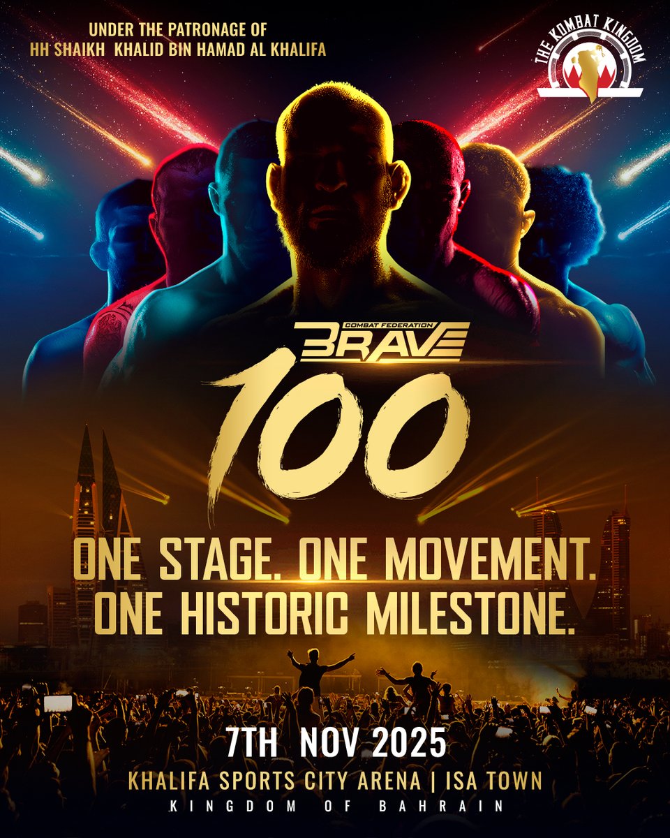 bravemmaf's tweet image. BRAVE CF returns to its birthplace on Nov 7 for BRAVE 100 at Khalifa Sports City, Isa Town, Bahrain. 🇧🇭

A homecoming built for an epic fight night, full-throttle production, and international firepower. 

Get ready for #BRAVECF100! 🔥

[#BRAVECF #Bahrain #MMA #GlobalMMA]