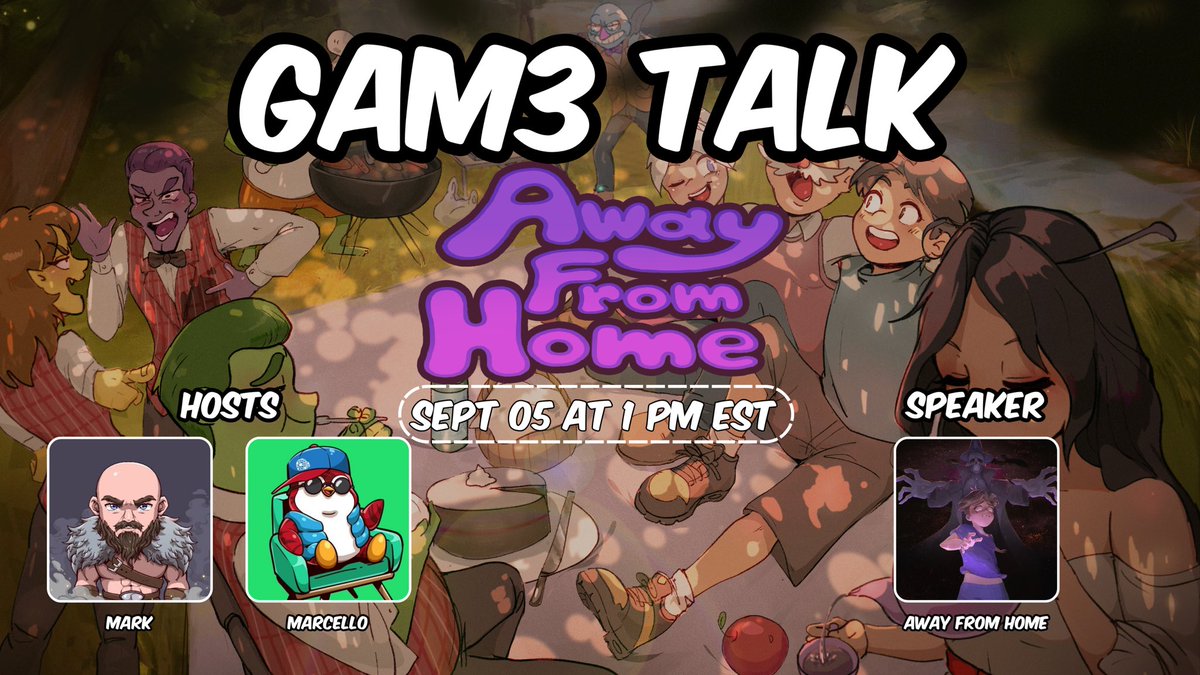 GAM3 TALK ft. @squished_yl

Join our hosts <a href="/KingSnooch_ttv/">KingSnooch</a> and @Marcell0x1 with team behind ‘Away From Home’

Learn all about their rhythm based RPG experience. Experience a fun world with lots of colorful characters. Come and disrupt their peace!

🗓️ Friday, Sept 5th at 1pm EST
