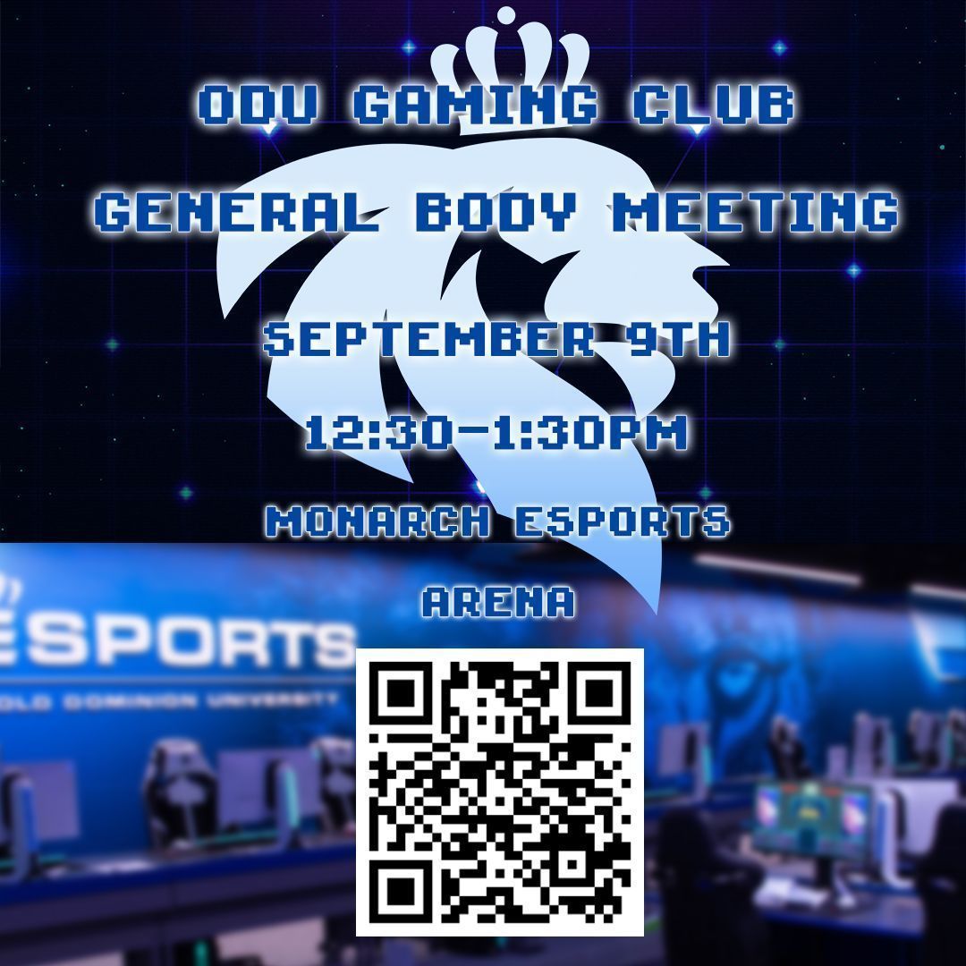 Time for another general body meeting!! We'll be meeting in the Esports arena, so please feel free to drop in even if it's just for a moment to say hi and introduce yourself! We'll be discussing our plans for the semester, upcoming events, and taking suggestions!