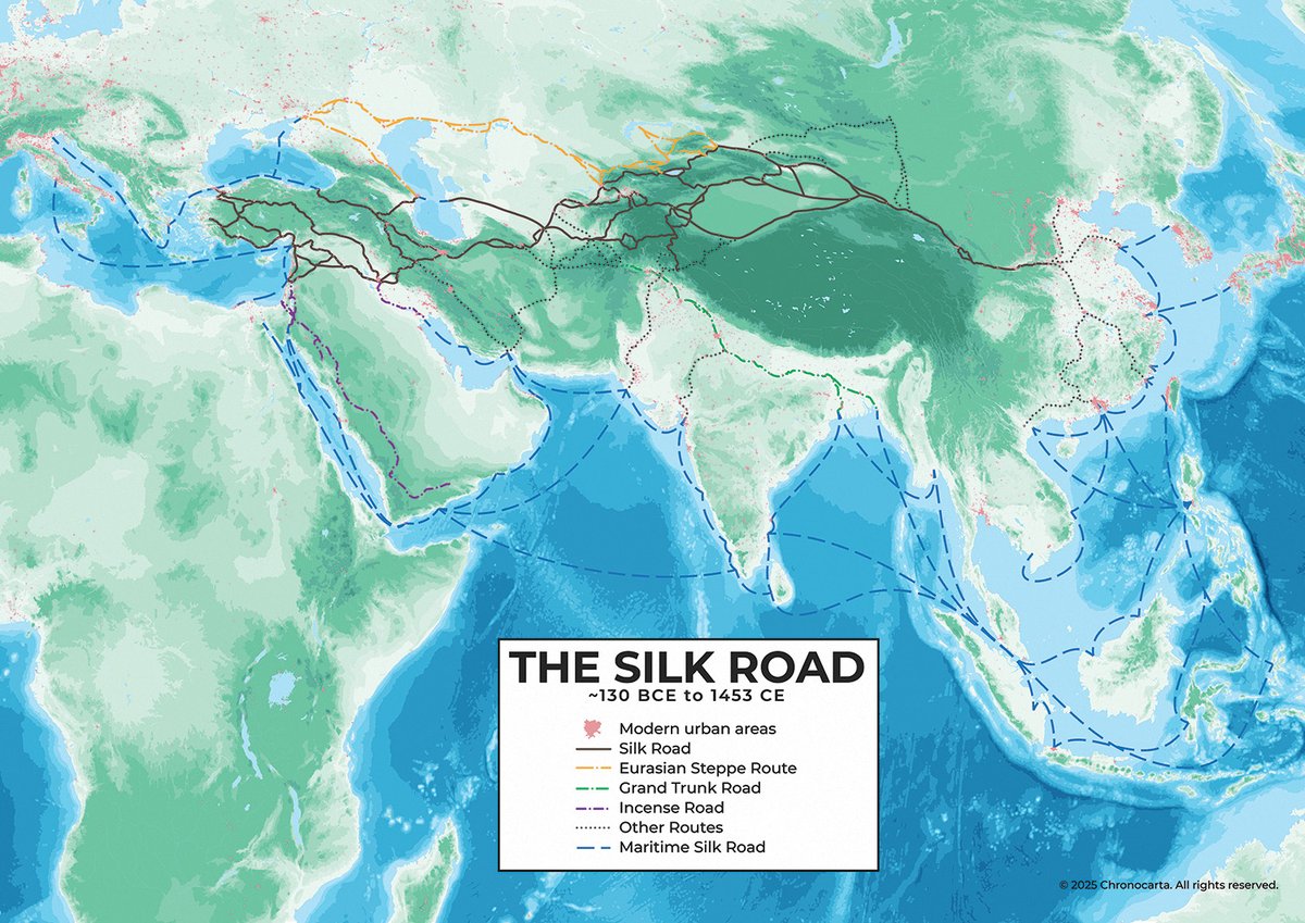The trade between Asia and Europe has been the beating heart of the global economy for multiple millennia.

On the web of roads silk, porcelain and paper moved west, while glass, silver and horses moved east.

Many of the old trading points are vital urban centres today.
