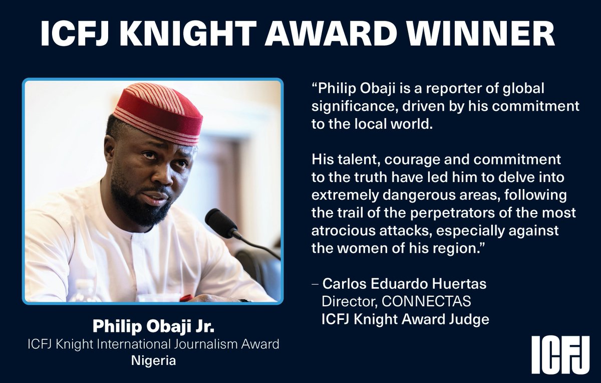 International Center for Journalists (@icfj) on Twitter photo 🇳🇬 2025 <a href="/ICFJKnight/">ICFJ Knight Fellowships</a> Award winner <a href="/PhilipObaji/">Philip Obaji Jr.</a> is the foremost journalist reporting for international audiences on massacres, rape, torture and other abuses at the hands of Russian paramilitaries in Central and West Africa.
Join us at the #ICFJawards to learn more about his work: 🇳🇬 2025 <a href="/ICFJKnight/">ICFJ Knight Fellowships</a> Award winner <a href="/PhilipObaji/">Philip Obaji Jr.</a> is the foremost journalist reporting for international audiences on massacres, rape, torture and other abuses at the hands of Russian paramilitaries in Central and West Africa.
Join us at the #ICFJawards to learn more about his work: