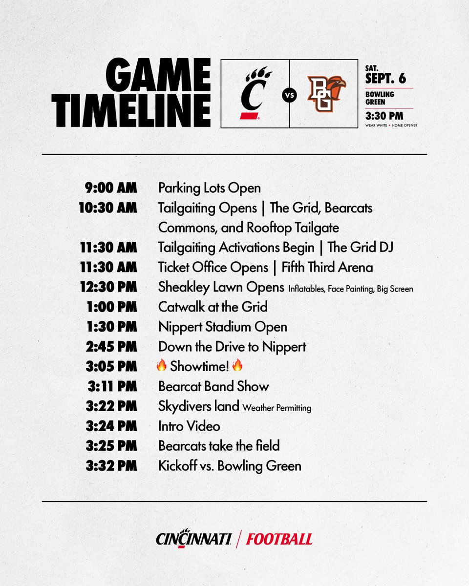 GAME TIMELINE

⚪️ WEAR WHITE ⚪️

📲 App: cpaw.me/app
🎟️ Tickets: cpaw.io/fb25st
🔤 A-Z Guide: cpaw.me/az-fb
📓 Anthony Guide: cpaw.me/fb25ag
👕 White Gear: cpaw.io/white
👜 Bag Policy: cpaw.me/bag