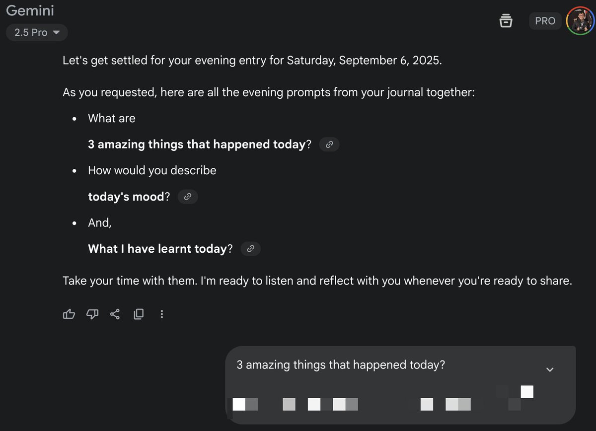 woraperth's tweet image. แชร์วิธีเขียน Daily Journal วันละ 10 นาทีก่อนนอน แล้วเวิร์ค

เป็นที่รู้กันว่าพวก AI Tool ต่าง ๆ เก่งด้านการคิดบวกมาก ไม่ว่าเราอยากทำอะไรมันก็จะสนับสนุนเรา และแอบชมเราบ่อย ๆ

เมื่อวาน ฟังวีดิโอจากช่อง Daily Darin ของพี่อิง อดีตคนไทยที่เคยทำงาน Amazon เค้าพูดถึงการทำ Daily Journal…