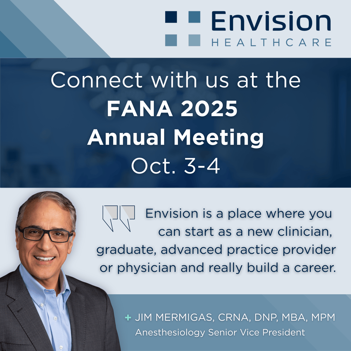Interested in Envision #CRNAjobs? Curious about the culture and fit? Come see us at the #FANA 2025 Annual Meeting next month in Orlando! Our clinical leaders will be there to answer your questions and show you the unmatched support we offer #CRNAs:hubs.la/Q03H0kyJ0.