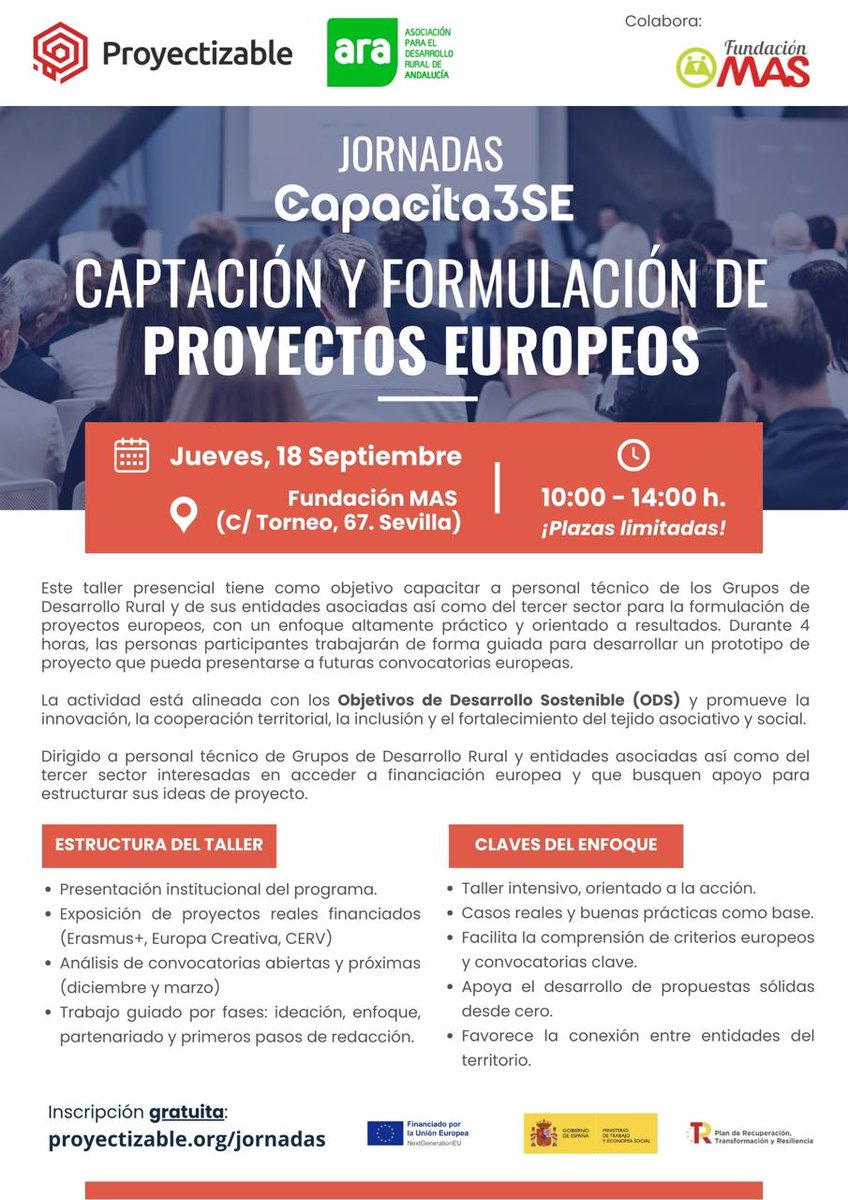 🚀 ¿Buscas financiación europea para tu entidad?
👉 @Proyectizable y <a href="/Andalucia_Rural/">Andalucía Rural (ARA)</a> organizamos en Sevilla las #JornadasCapacita3SE
✅ Casos reales
✅ Metodología práctica
✅ ODS &amp; cooperación
🗓 18/09 · 10h-14h
📍 <a href="/SomosFundMAS/">Fundación MAS</a> (Sevilla)
Inscríbete: proyectizable.org/jornadas